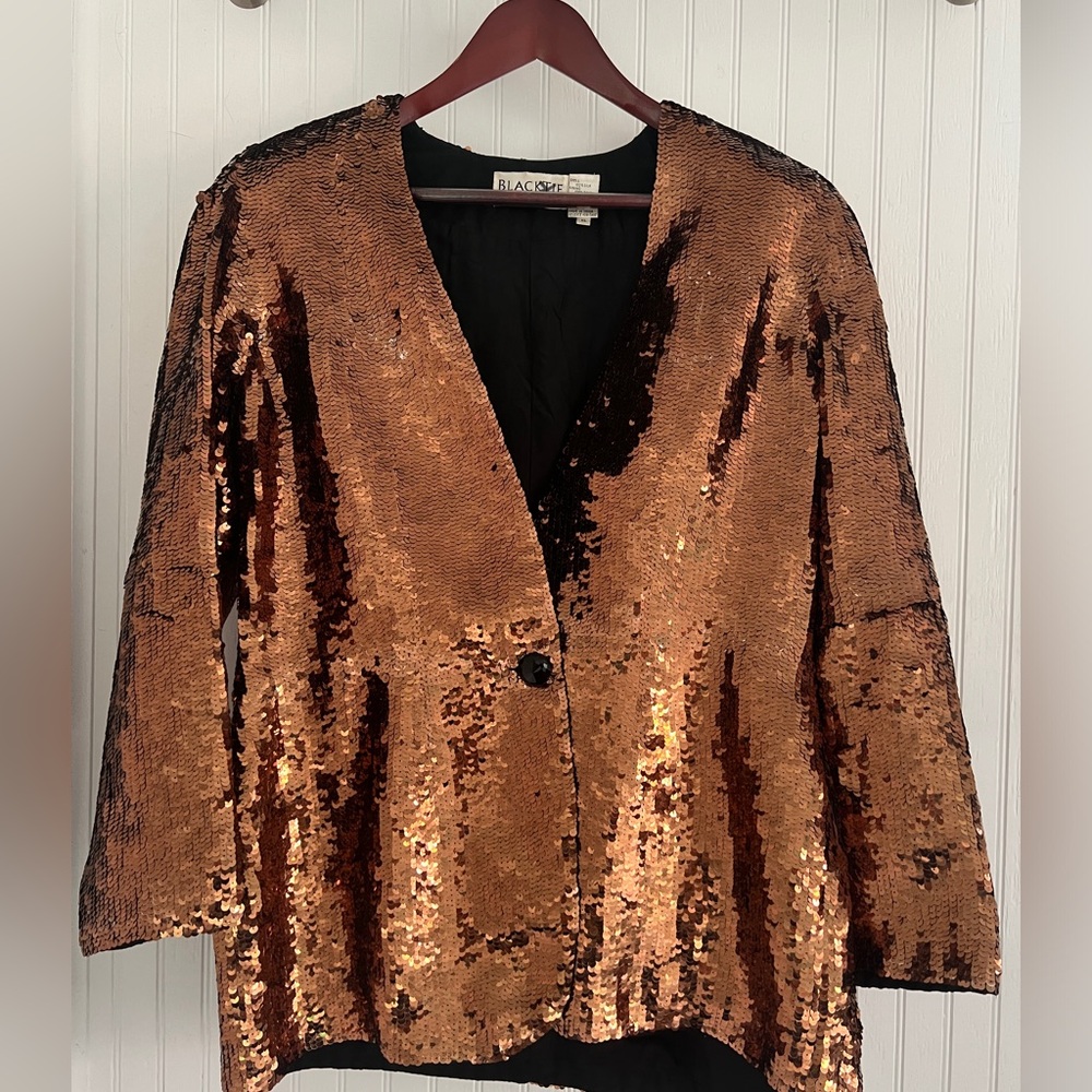 Vintage Oleg Cassini “Black Tie” label silk bronze sequin one-button blazer. XL.
